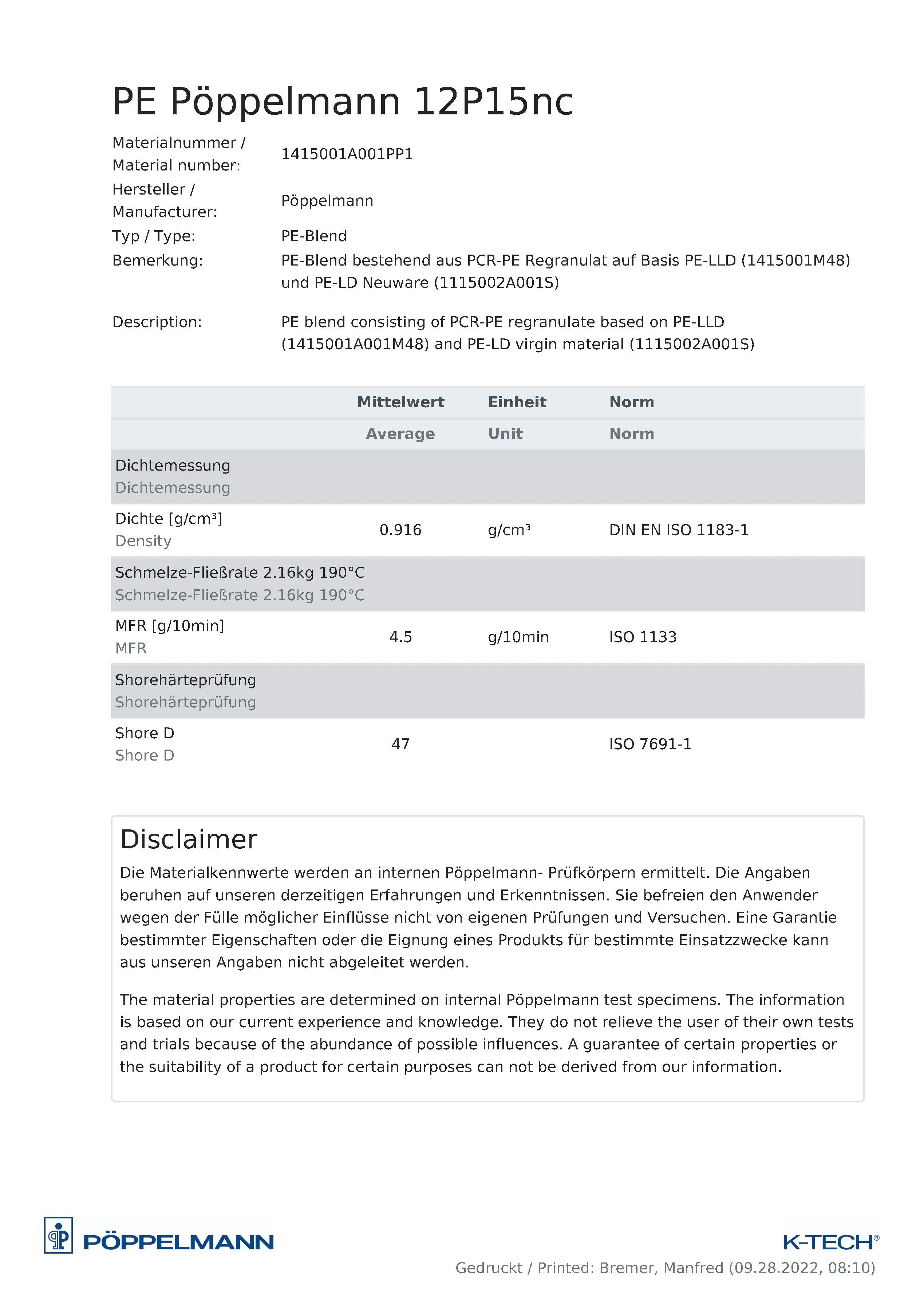 Fiche technique matériaux PCR-PE | PE-LD